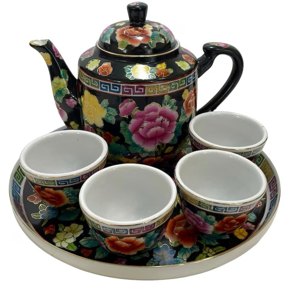 Vintage 1980s Rockman Millefleur Teapot, Tray and 4 Cups Set - Zhong Guo Zhi Zao
